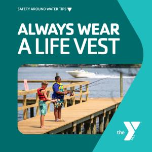 Kids fishing on dock with life vests on.