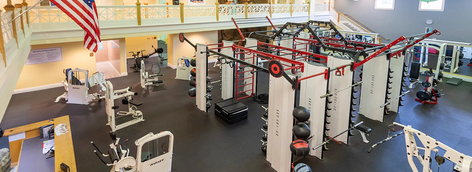 Weight lifting equipment on a wellness floor